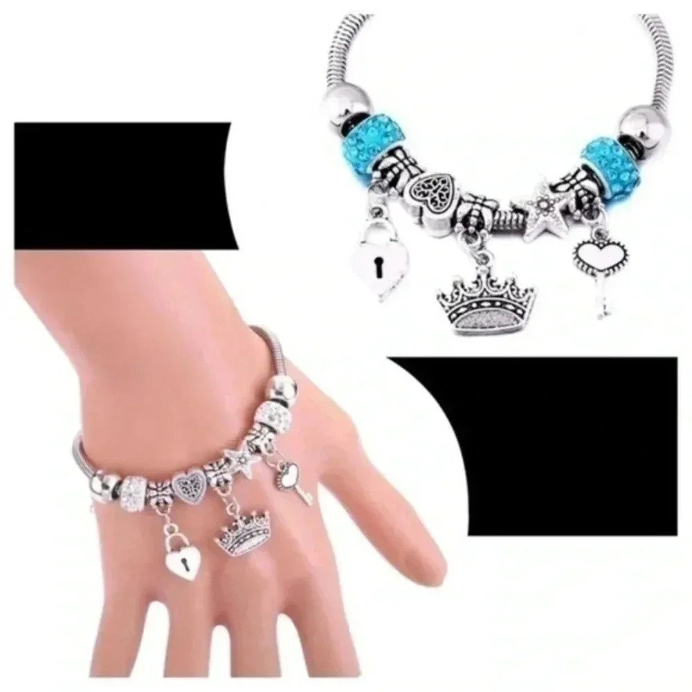 Clear or Blue Crown Key Lock Charm Bracelet NWT